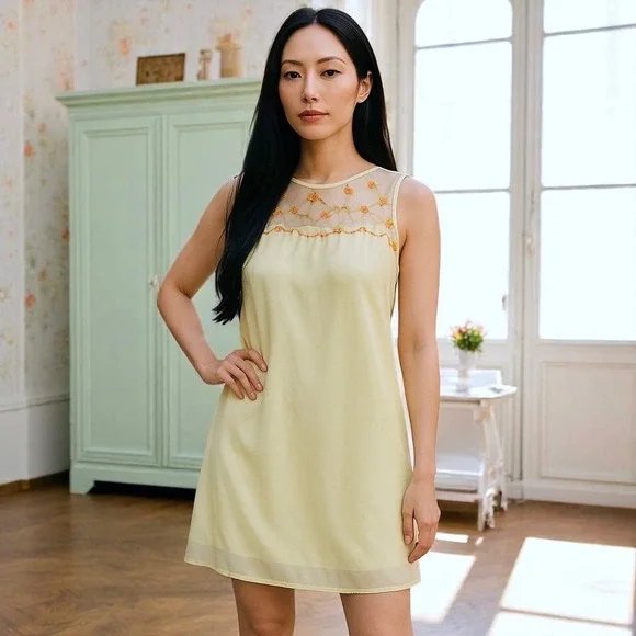 Vintage 70s Yellow Chiffon Nightie Sheer Floral Trim Deadstock Lingerie Size S - Picture 1 of 8